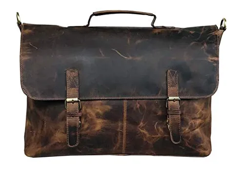 18 Inch Retro Buffalo Hunter Leather Laptop (Fits upto 17.6 Inch Laptop) Messenger Bag Office Briefcase College Bag (Distressed Tan)