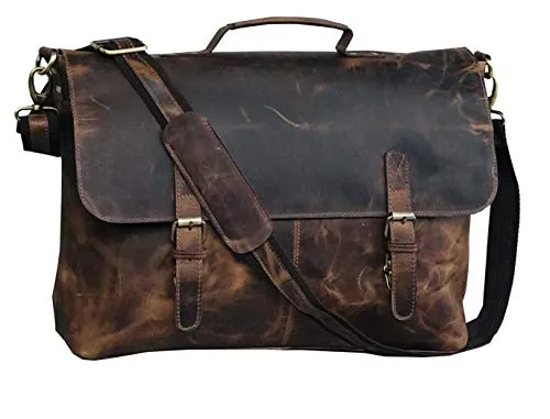 18 Inch Retro Buffalo Hunter Leather Laptop (Fits upto 17.6 Inch Laptop) Messenger Bag Office Briefcase College Bag (Distressed Tan)