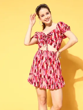 Berrylush Women Pink & Maroon Abstract Printed Sweetheart Neck Ruffled A-Line Mini Dress