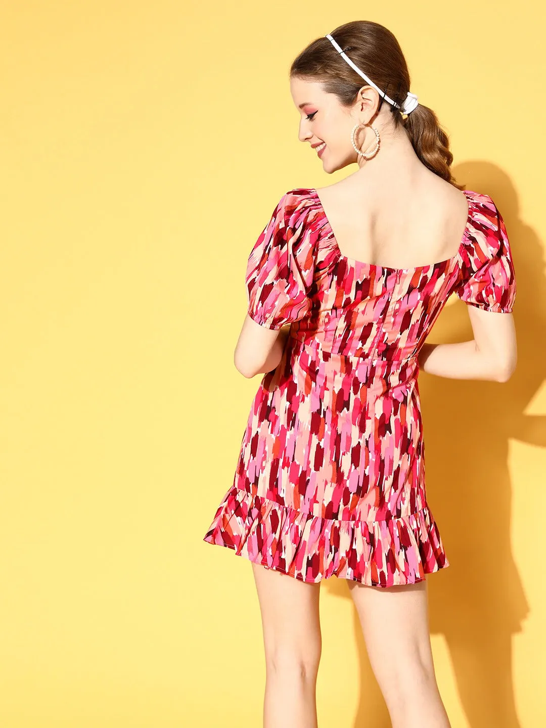 Berrylush Women Pink & Maroon Abstract Printed Sweetheart Neck Ruffled A-Line Mini Dress
