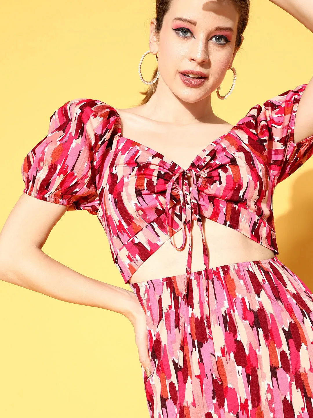 Berrylush Women Pink & Maroon Abstract Printed Sweetheart Neck Ruffled A-Line Mini Dress
