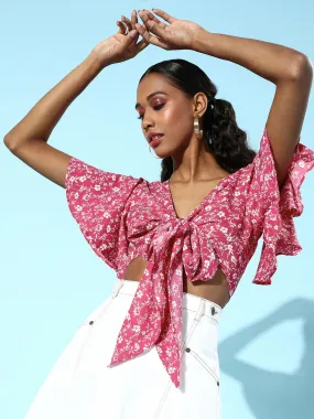 Berrylush Women Pink & White Floral Printed V-Neck Tie-Up Front Blouson Crop Top