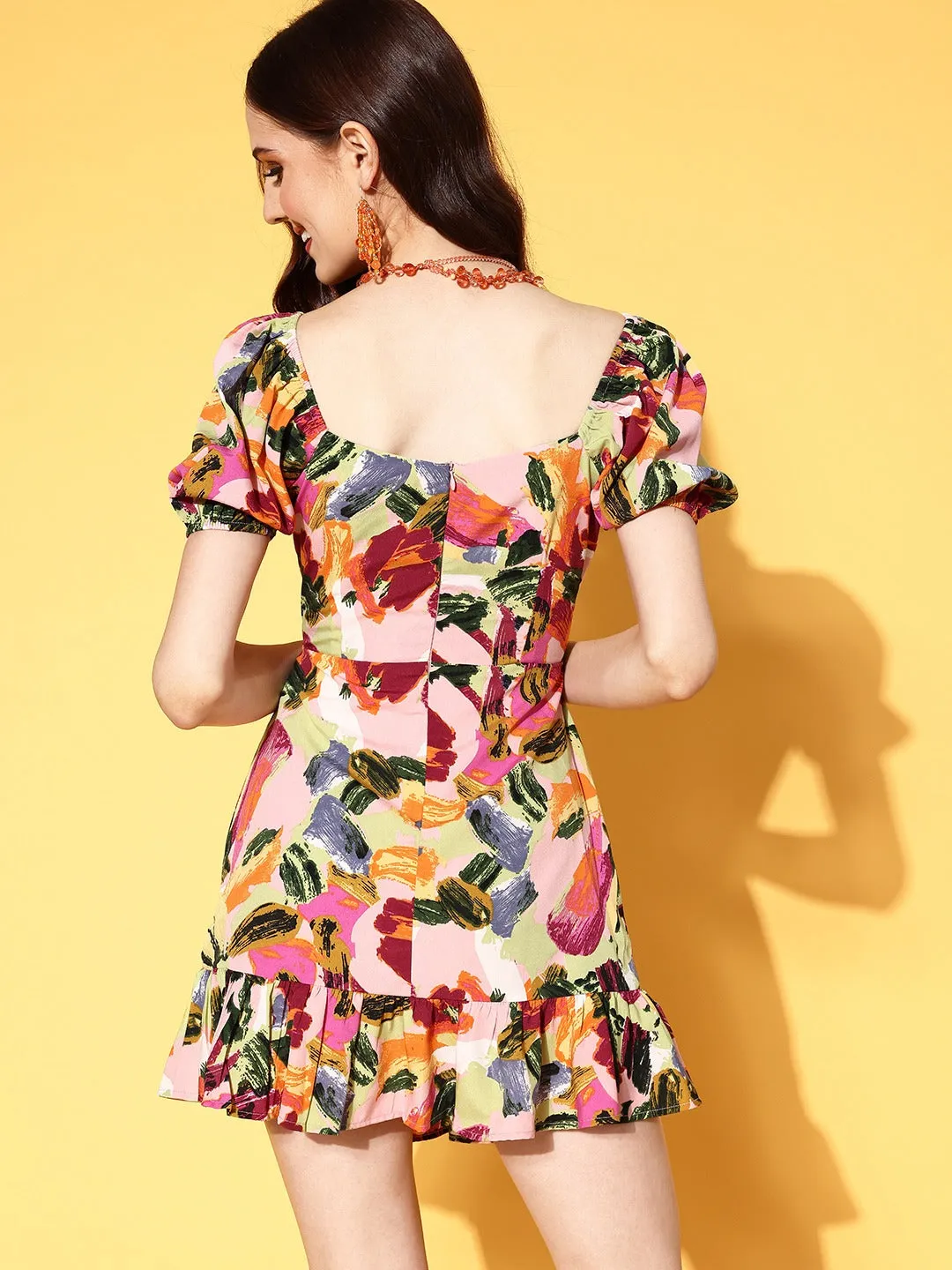 Berrylush Women Pink & Yellow Abstract Printed Sweetheart Neck Ruffled A-Line Mini Dress