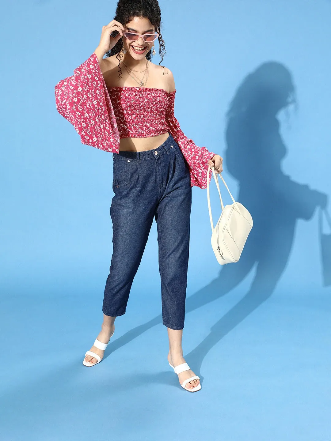 Berrylush Women Pink Floral Printed Off-Shoulder Crepe Bardot Crop Top