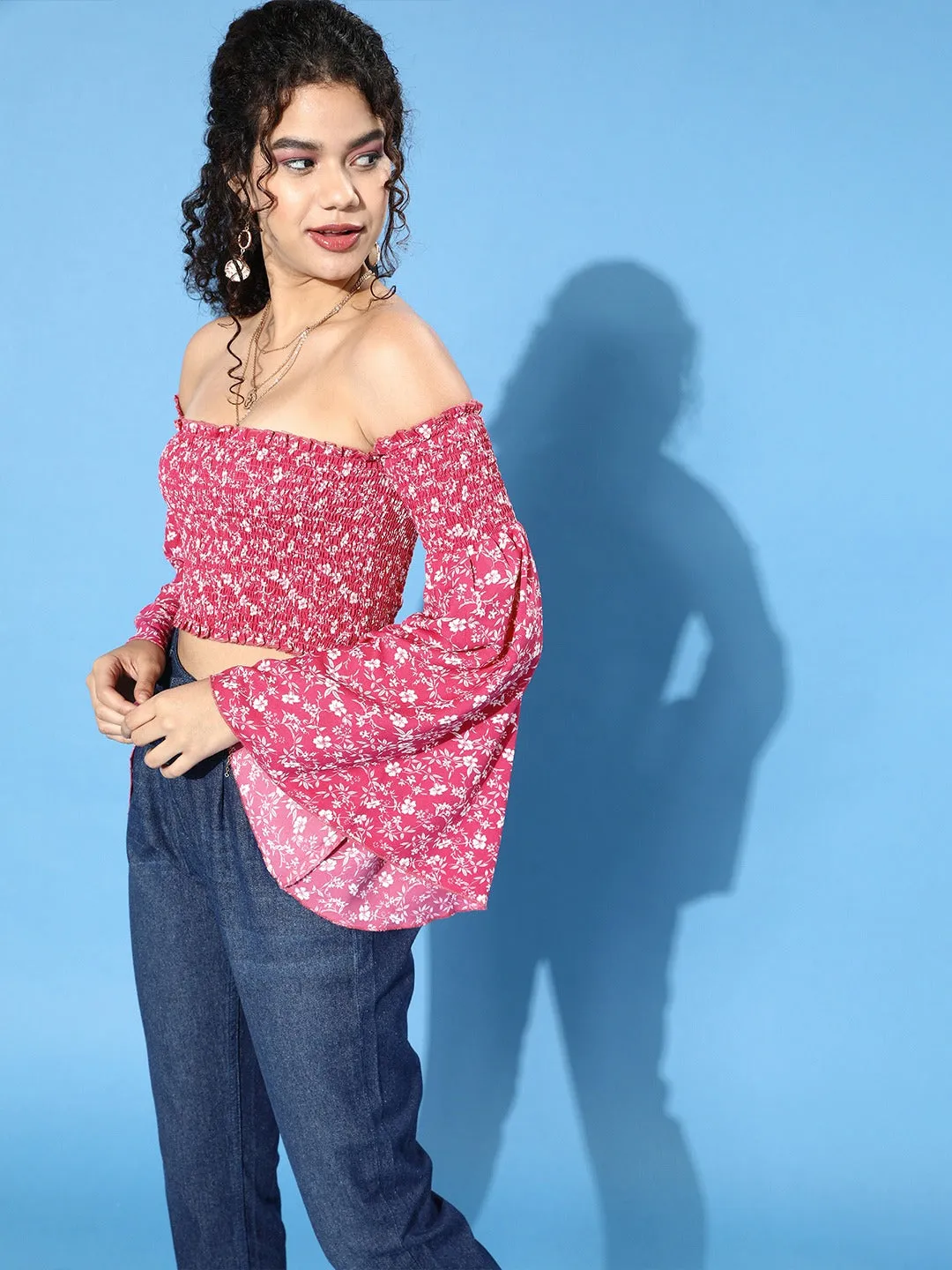 Berrylush Women Pink Floral Printed Off-Shoulder Crepe Bardot Crop Top
