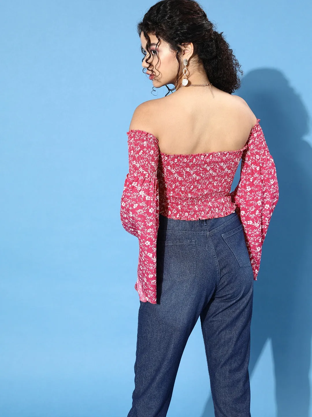 Berrylush Women Pink Floral Printed Off-Shoulder Crepe Bardot Crop Top
