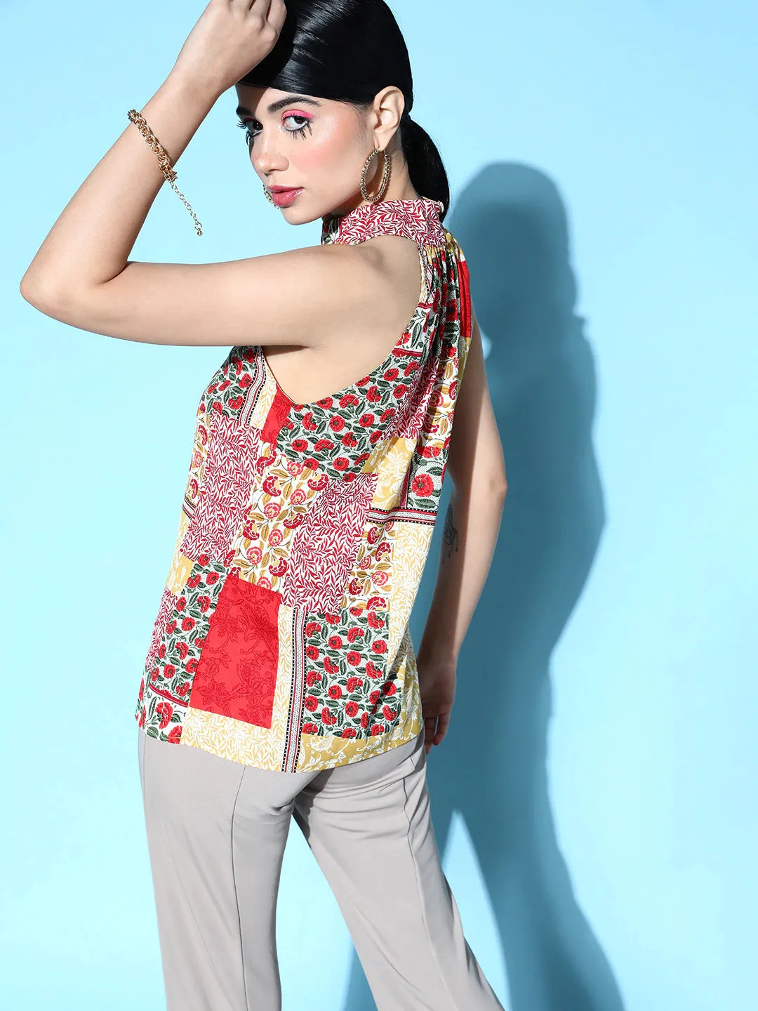 Berrylush Women Red & Yellow Ethnic Motifs Printed Halter Neck Sleeveless Button-Up Crepe Regular Top