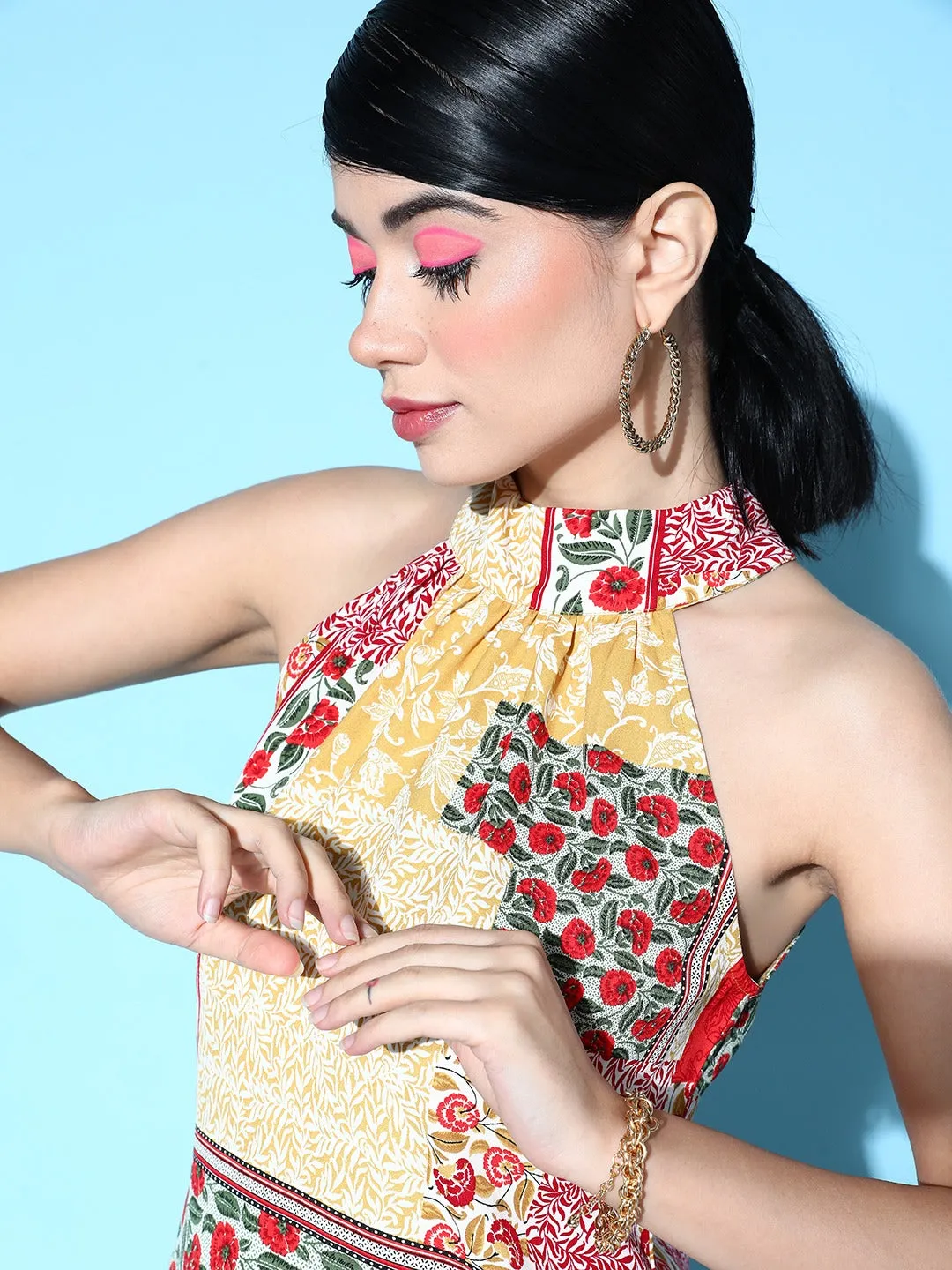 Berrylush Women Red & Yellow Ethnic Motifs Printed Halter Neck Sleeveless Button-Up Crepe Regular Top