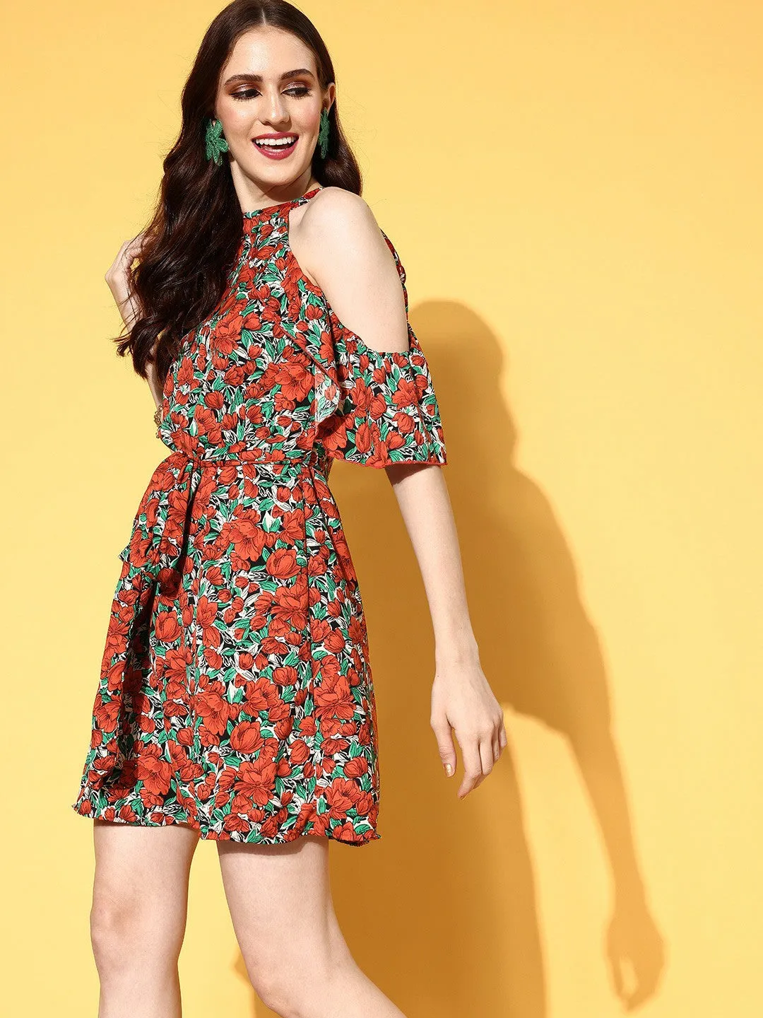 Berrylush Women Rust & Green Floral Printed Round Neck Cold-Shoulder A-Line Mini Dress