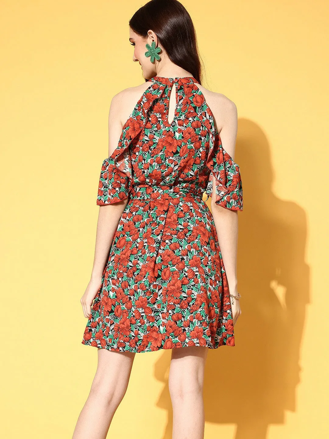 Berrylush Women Rust & Green Floral Printed Round Neck Cold-Shoulder A-Line Mini Dress