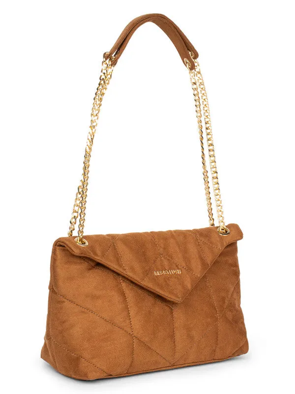 Berrylush Women Solid Brown PU Two-Handle Button Embellished Quilted Shoulder Bag