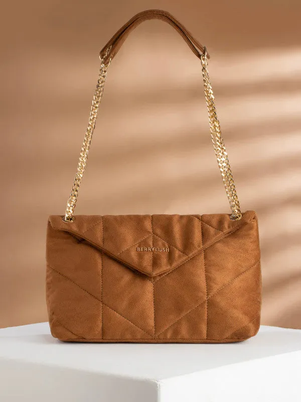 Berrylush Women Solid Brown PU Two-Handle Button Embellished Quilted Shoulder Bag