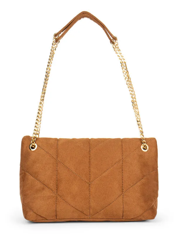 Berrylush Women Solid Brown PU Two-Handle Button Embellished Quilted Shoulder Bag