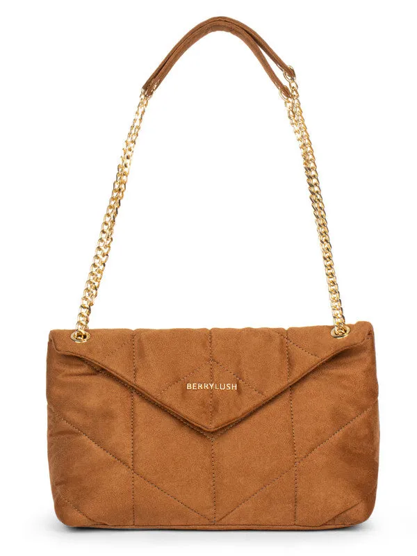 Berrylush Women Solid Brown PU Two-Handle Button Embellished Quilted Shoulder Bag