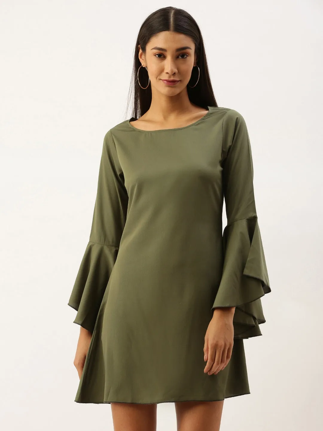 Berrylush Women Solid Olive Green Round Neck Bell Sleeves Crepe Straight Hem Ruffled A-Line Mini Dress