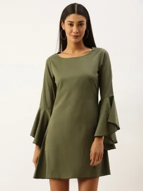Berrylush Women Solid Olive Green Round Neck Bell Sleeves Crepe Straight Hem Ruffled A-Line Mini Dress