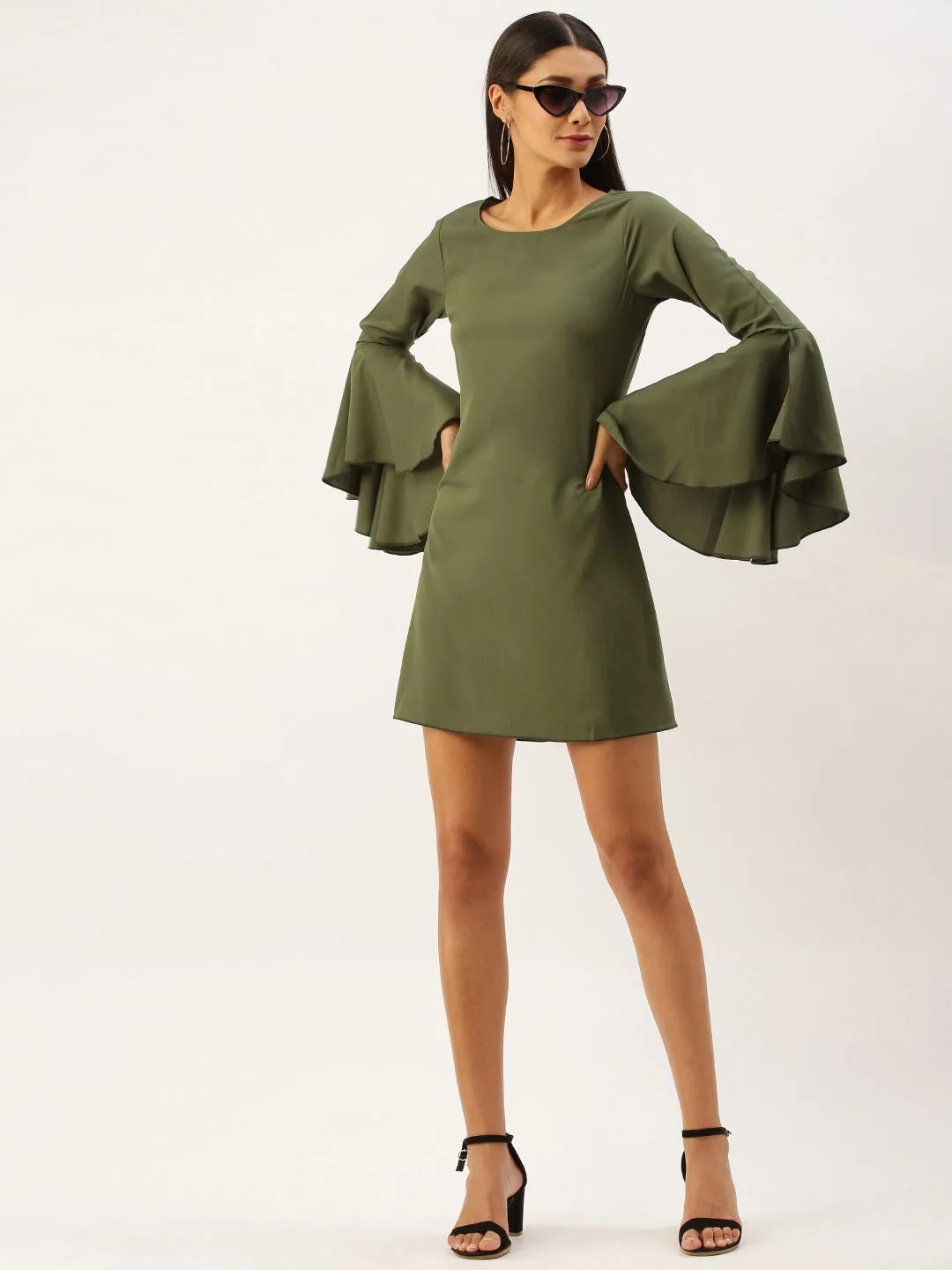 Berrylush Women Solid Olive Green Round Neck Bell Sleeves Crepe Straight Hem Ruffled A-Line Mini Dress