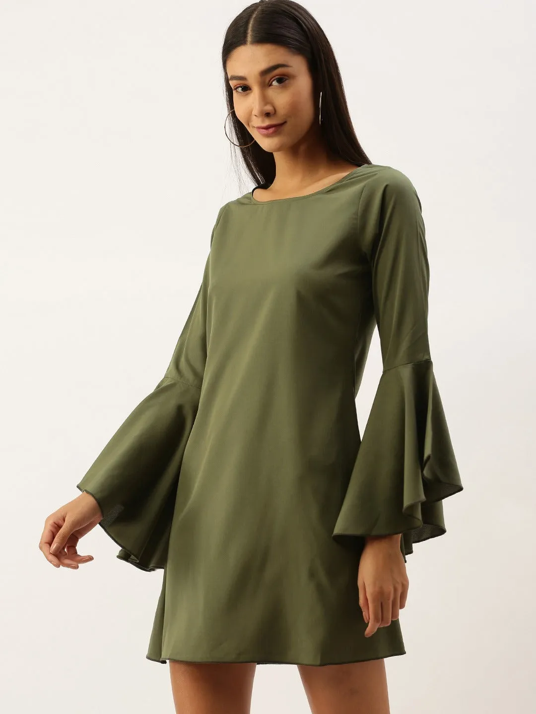 Berrylush Women Solid Olive Green Round Neck Bell Sleeves Crepe Straight Hem Ruffled A-Line Mini Dress