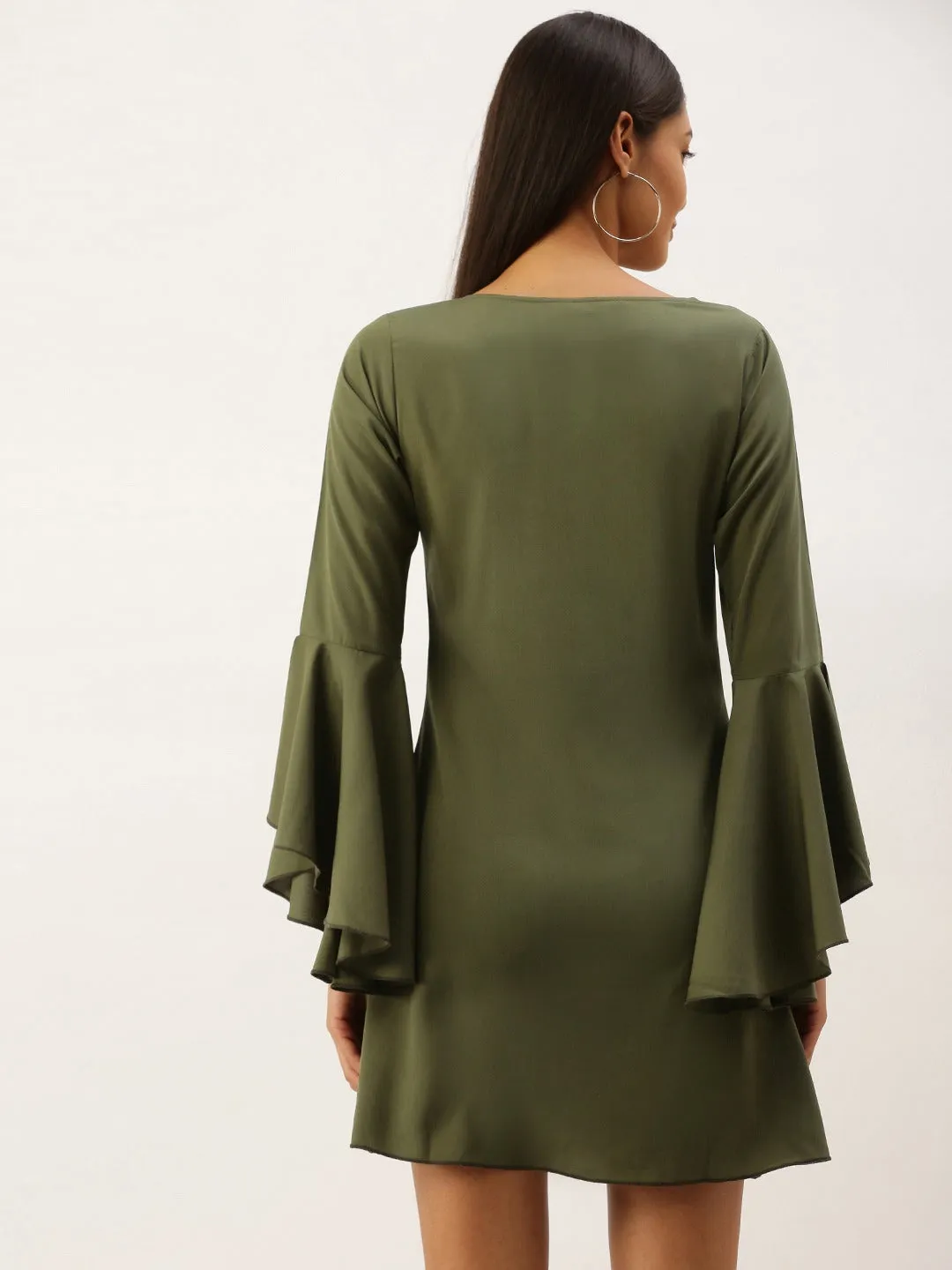 Berrylush Women Solid Olive Green Round Neck Bell Sleeves Crepe Straight Hem Ruffled A-Line Mini Dress