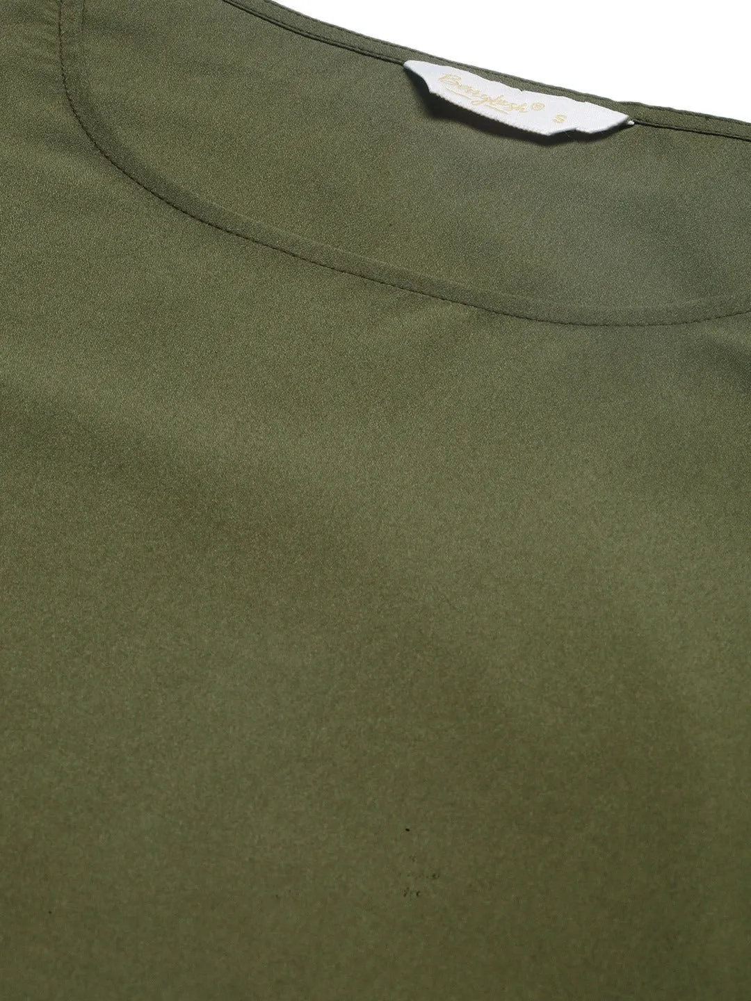 Berrylush Women Solid Olive Green Round Neck Bell Sleeves Crepe Straight Hem Ruffled A-Line Mini Dress