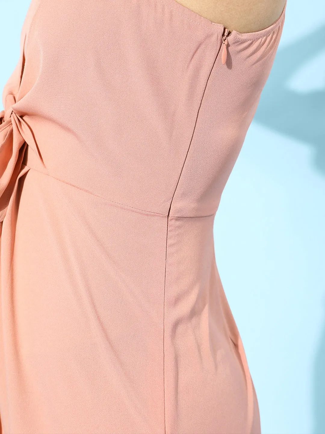 Berrylush Women Solid Pink One-Shoulder Neck Waist Tie-Up Flared A-Line Mini Dress