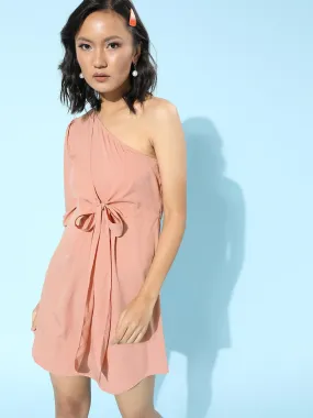 Berrylush Women Solid Pink One-Shoulder Neck Waist Tie-Up Flared A-Line Mini Dress