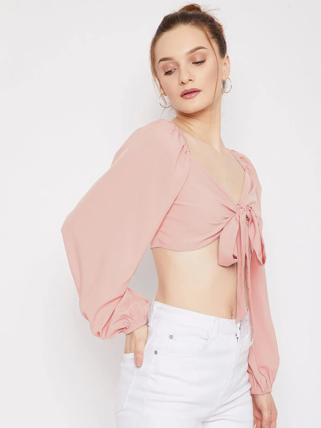 Berrylush Women Solid Pink Sweetheart Neck Tie-Up Front Pleated Crop Top
