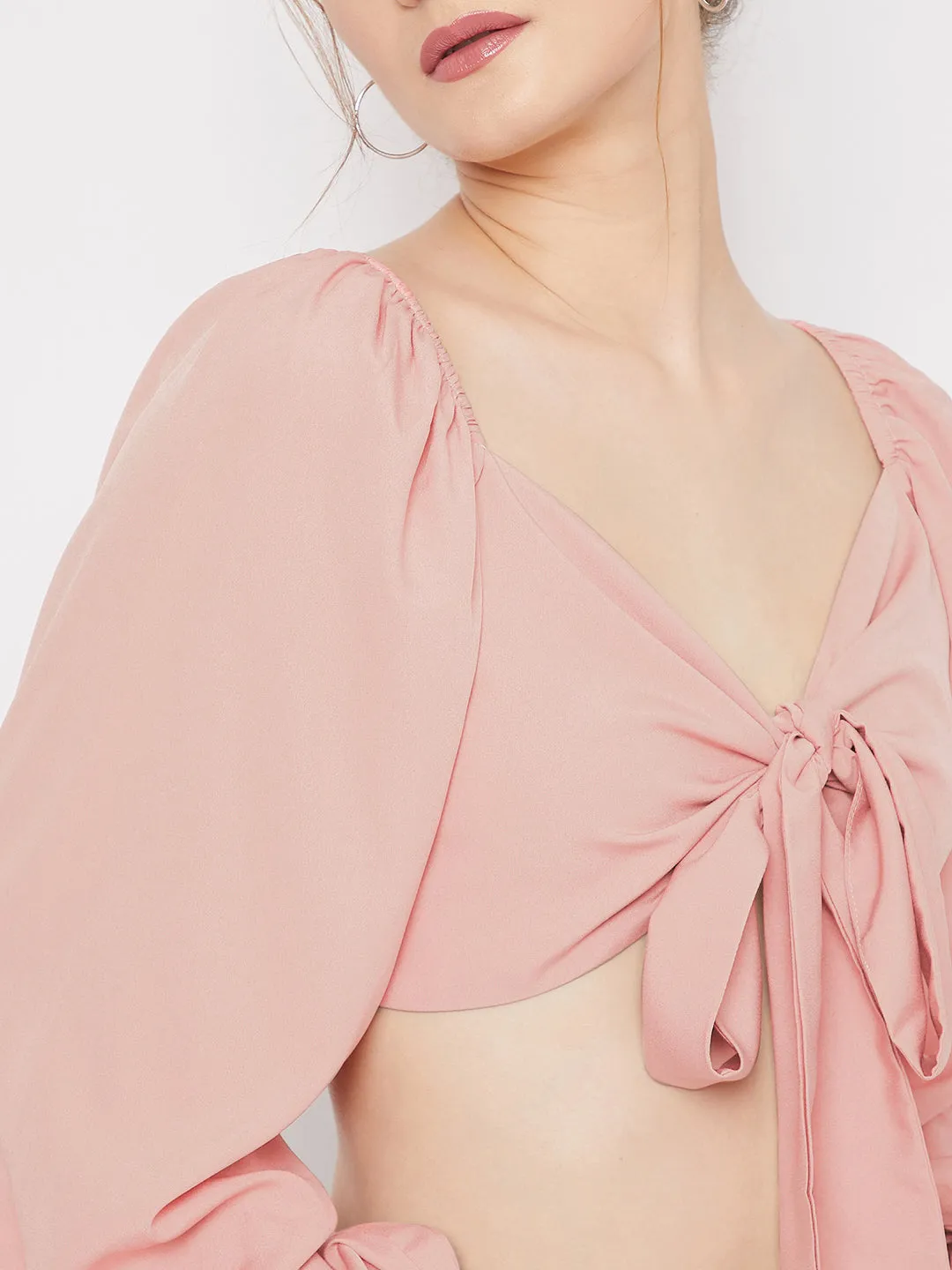 Berrylush Women Solid Pink Sweetheart Neck Tie-Up Front Pleated Crop Top
