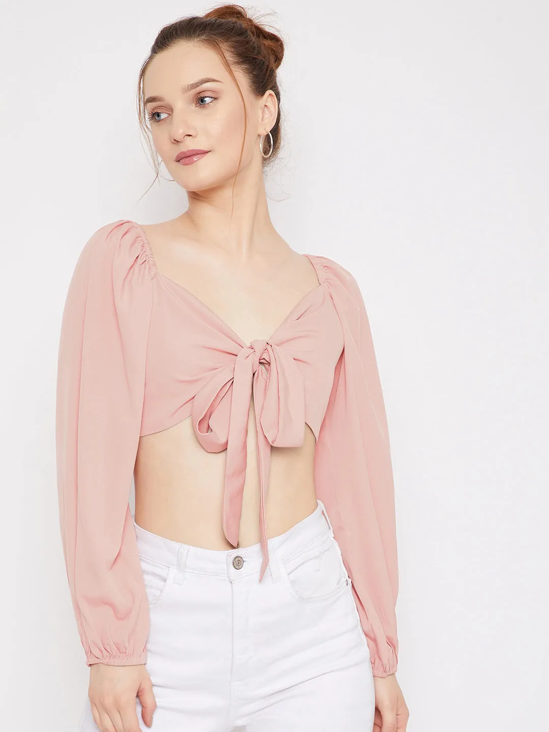 Berrylush Women Solid Pink Sweetheart Neck Tie-Up Front Pleated Crop Top