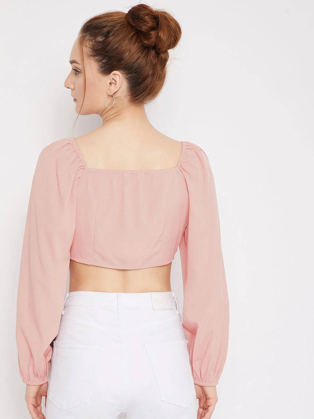 Berrylush Women Solid Pink Sweetheart Neck Tie-Up Front Pleated Crop Top