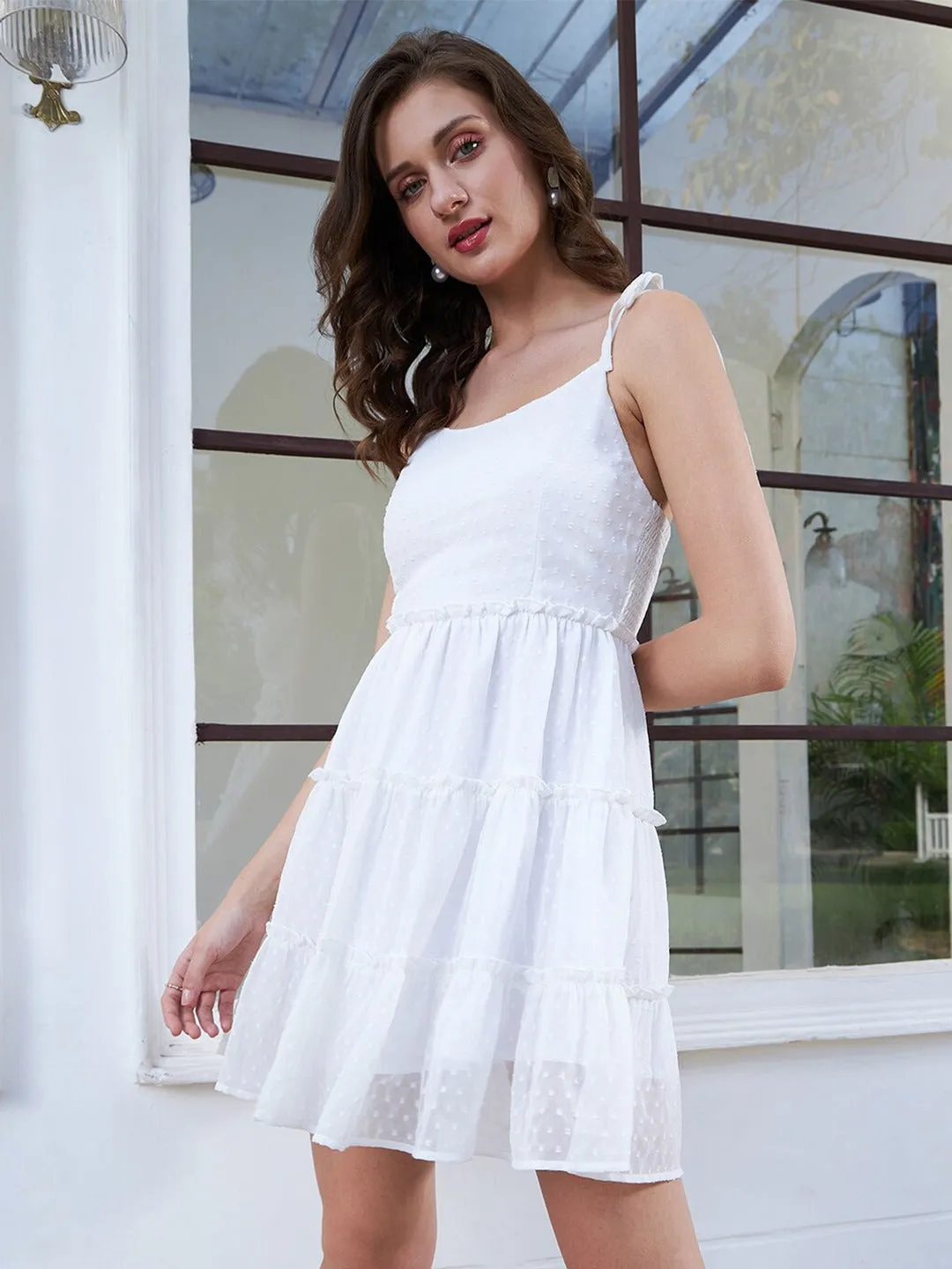 Berrylush Women Solid White Dobby Weave Round Neck Tie-Up Straps Georgette Smocked Fit & Flare Mini Dress