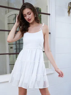 Berrylush Women Solid White Dobby Weave Round Neck Tie-Up Straps Georgette Smocked Fit & Flare Mini Dress
