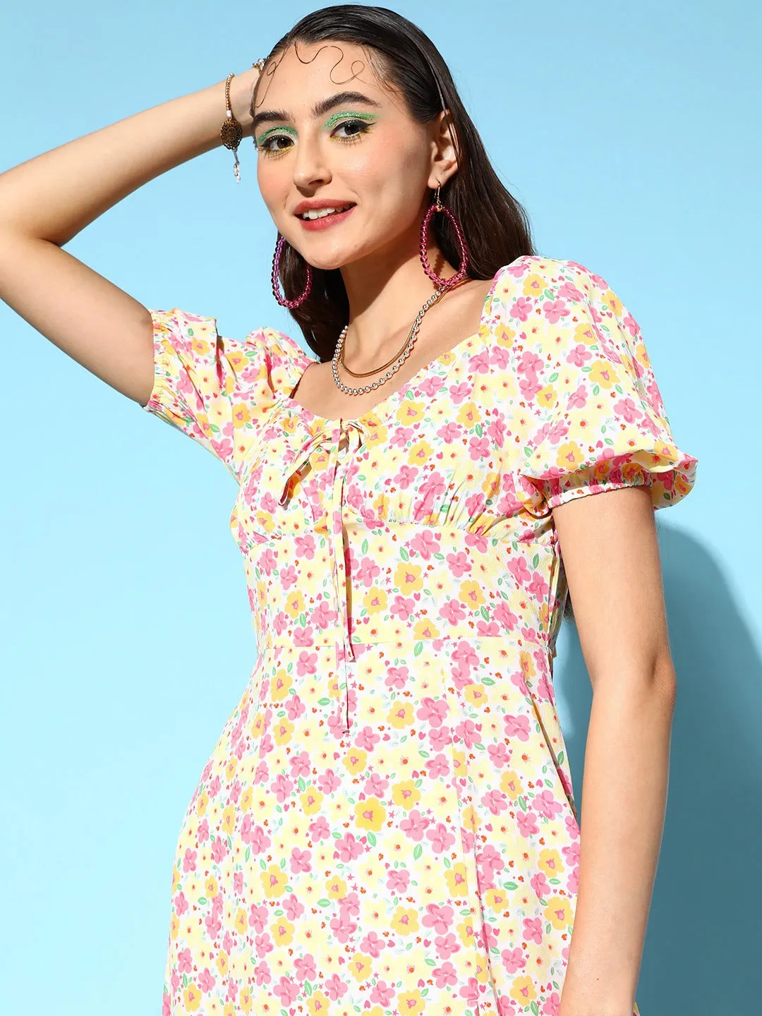 Berrylush Women White & Peach Floral Printed Square Neck Front Tie-Up Thigh-High Slit Crepe Flared A-Line Midi Dress