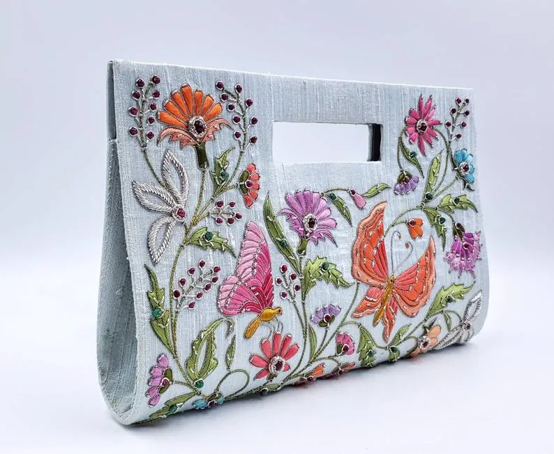 Butterfly Embroidered Silk Top Handle Bag
