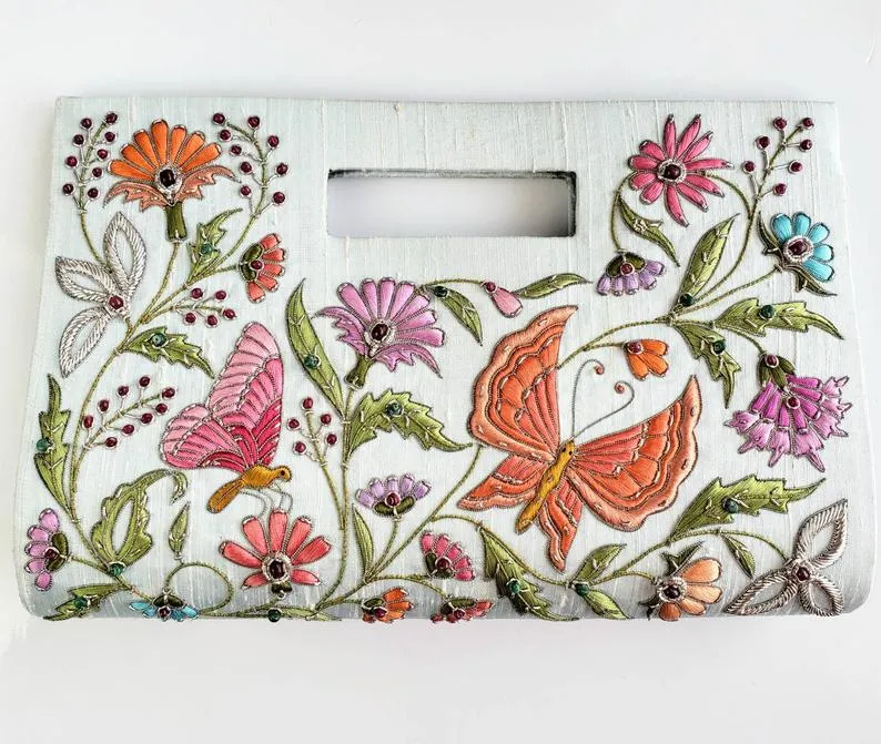 Butterfly Embroidered Silk Top Handle Bag