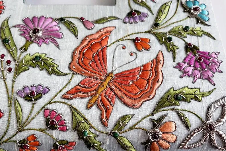 Butterfly Embroidered Silk Top Handle Bag