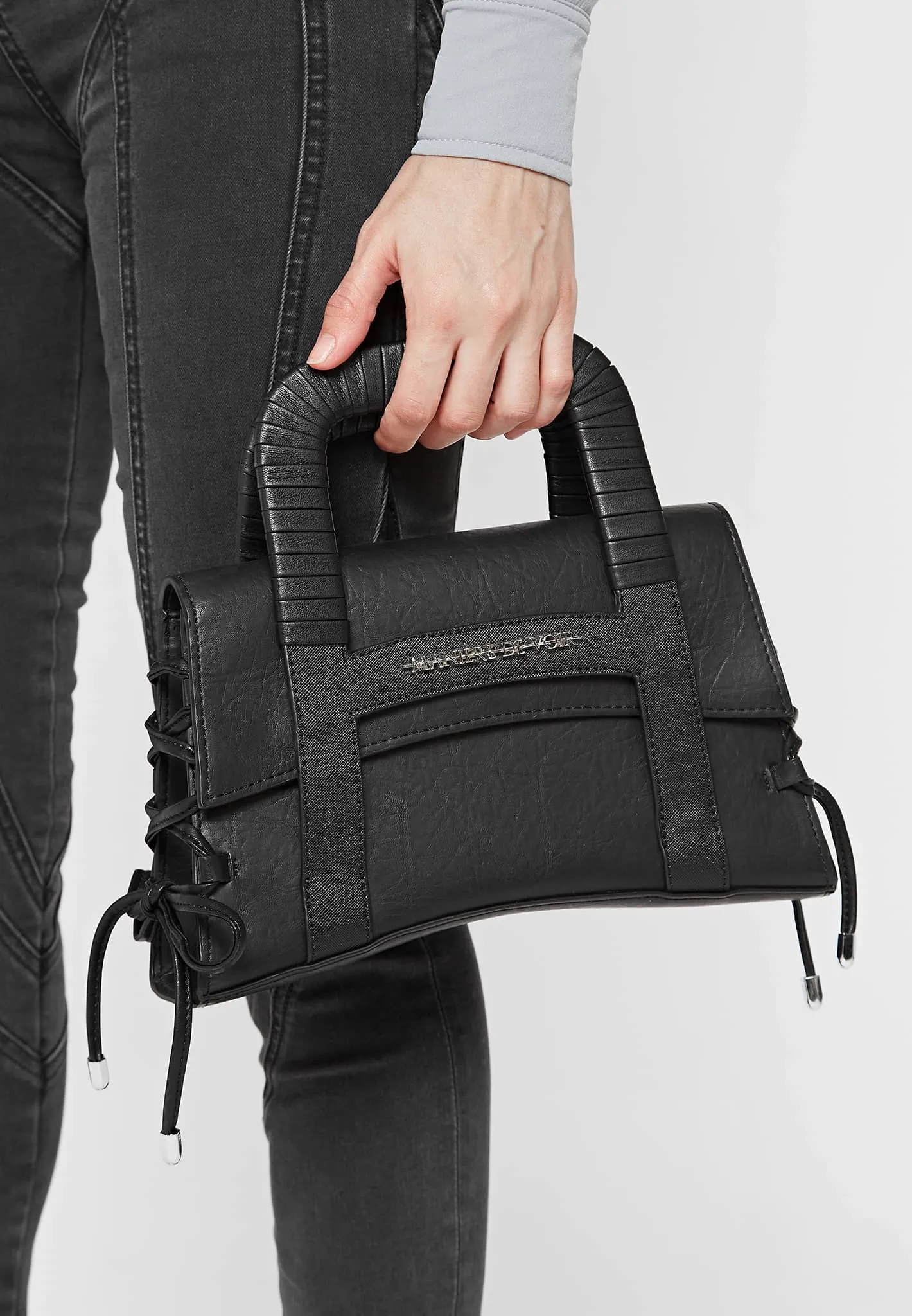 Caged Leather Lace Up Bag - Black