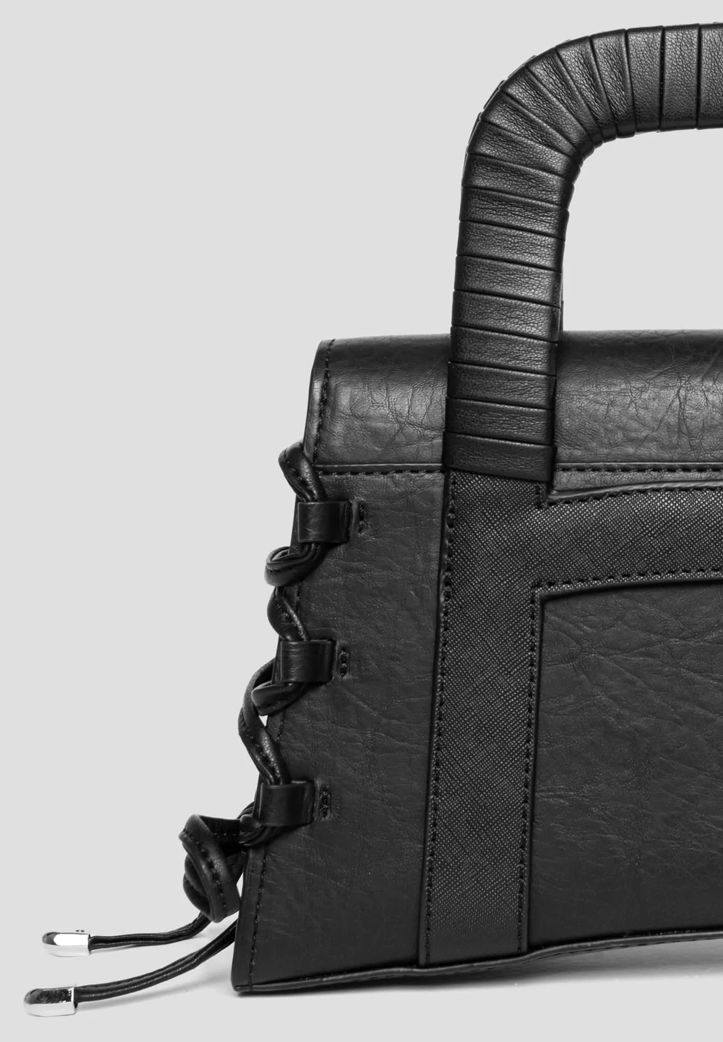 Caged Leather Lace Up Bag - Black