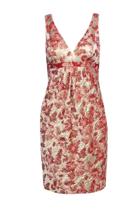 Carmen Marc Valvo - Gold Sleeveless Midi Dress w/ Red Floral Jacquard Sz 6