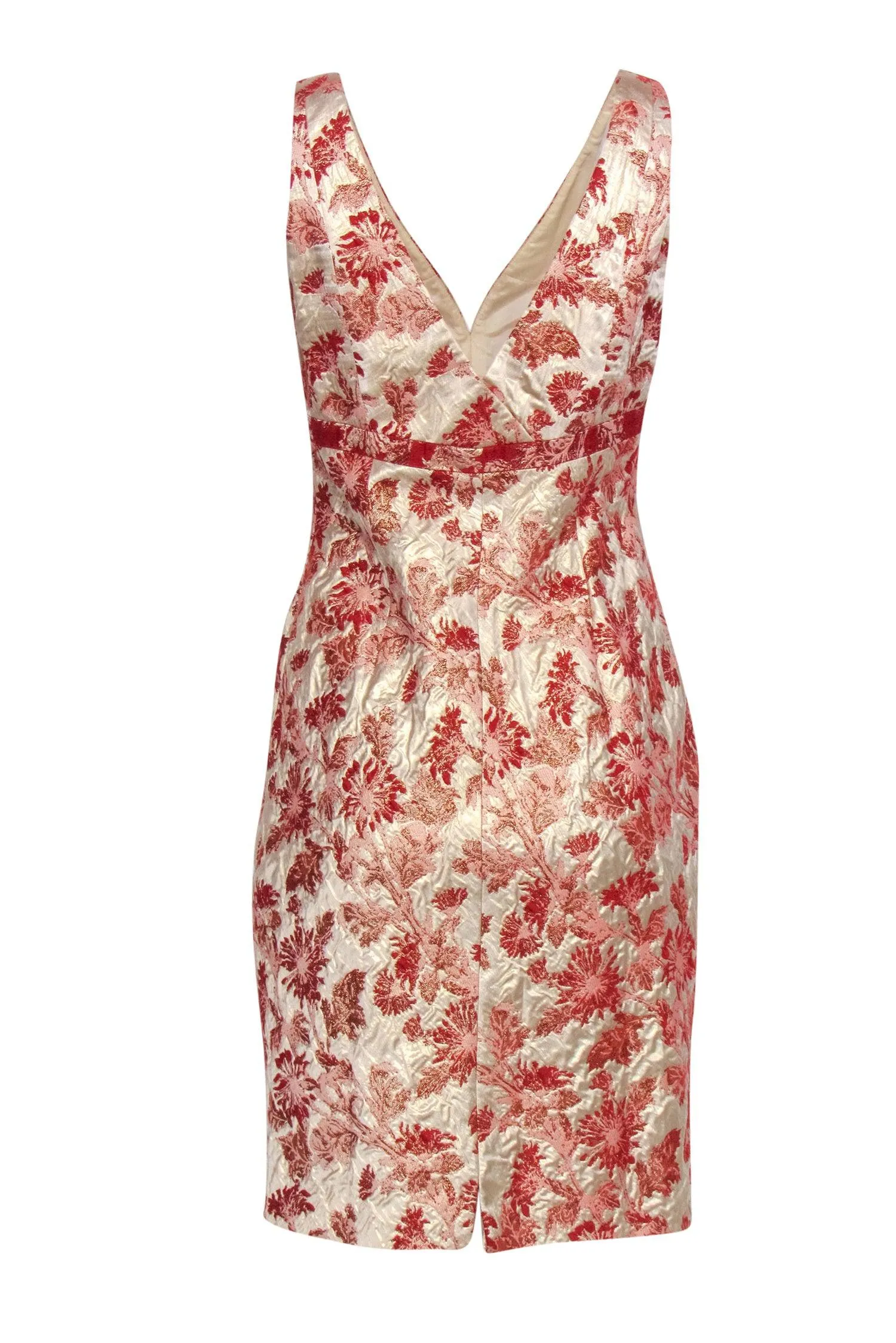 Carmen Marc Valvo - Gold Sleeveless Midi Dress w/ Red Floral Jacquard Sz 6