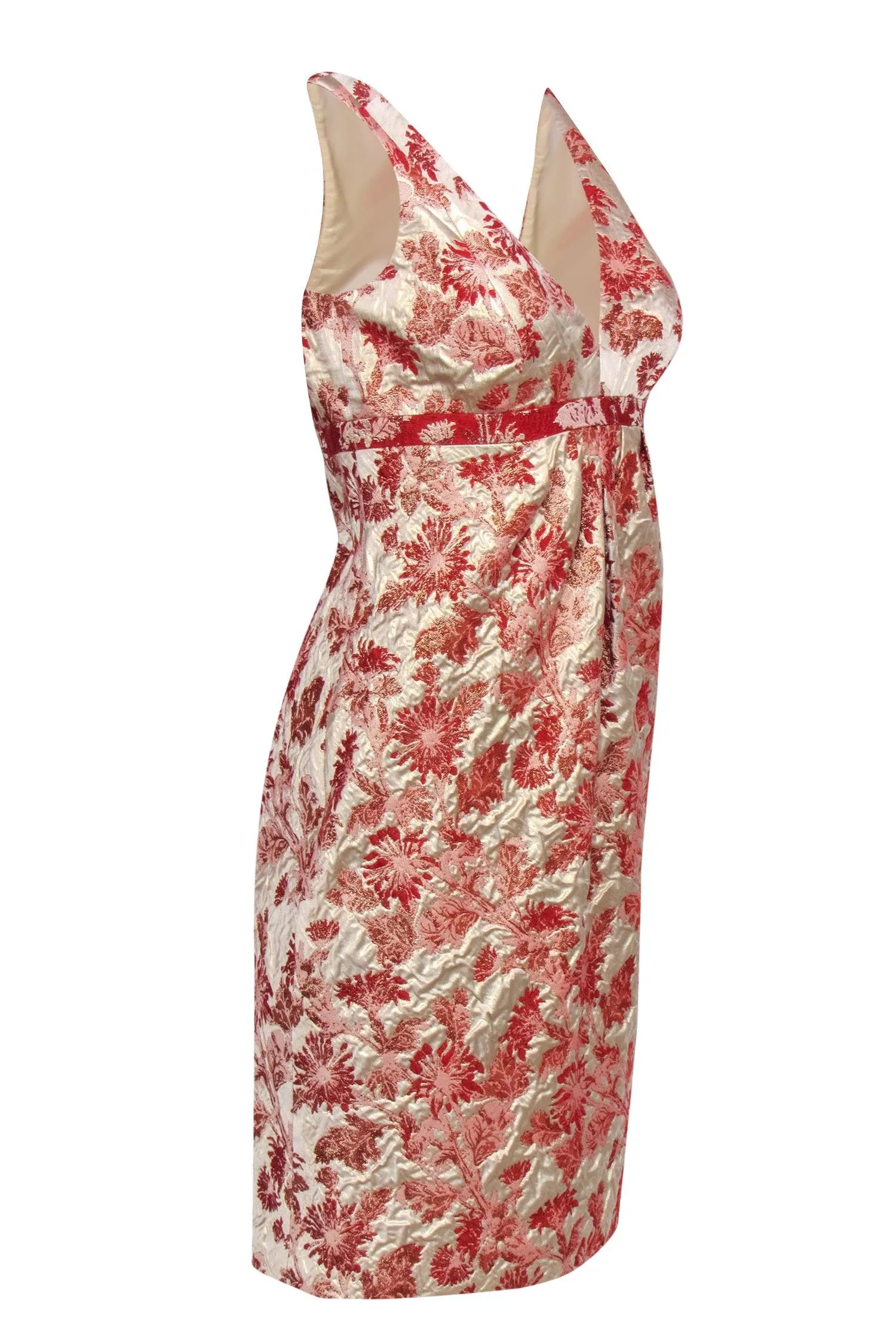 Carmen Marc Valvo - Gold Sleeveless Midi Dress w/ Red Floral Jacquard Sz 6