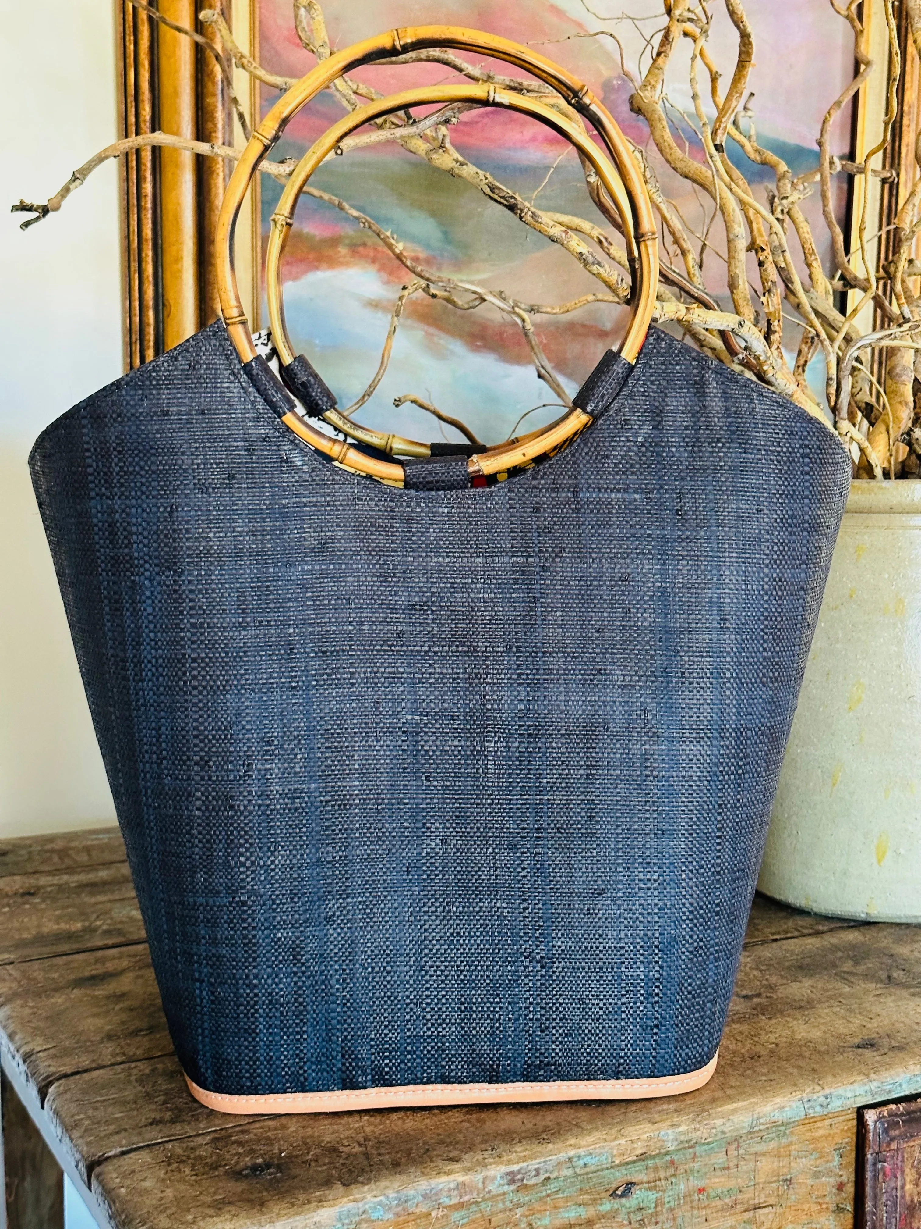 Carmen Straw Bucket Bag with Bamboo Handles