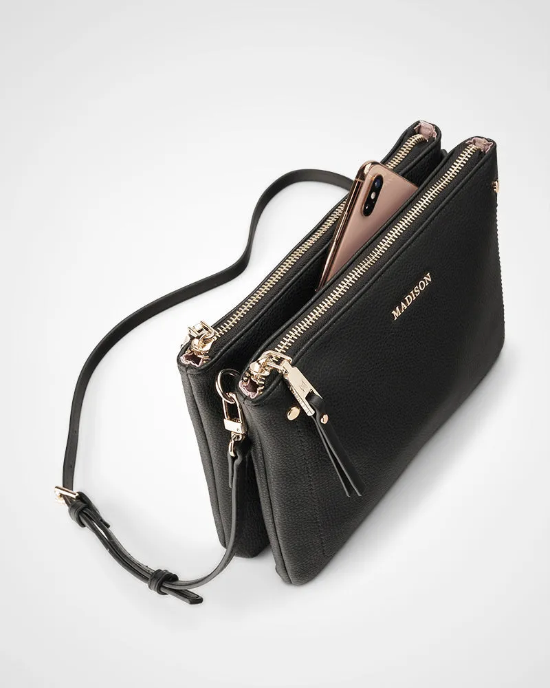 Charlotte Double Zip Crossbody Bag   Zebra Bag Strap