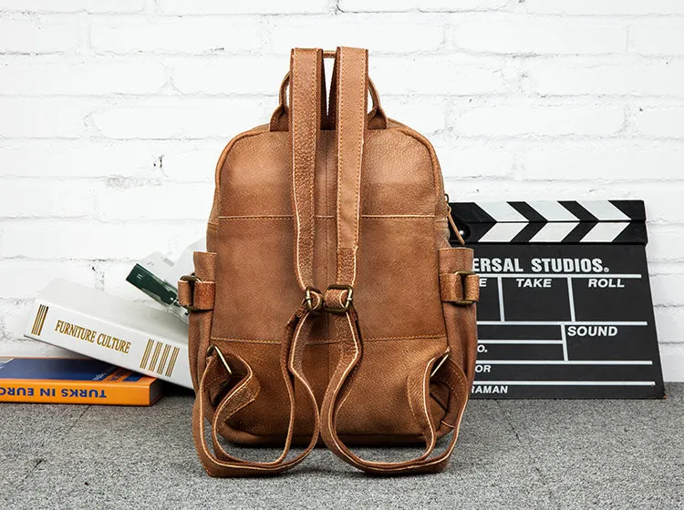 Cool Womens Brown Genuine Leather Backpack Purse Small Rucksack Bags For Women