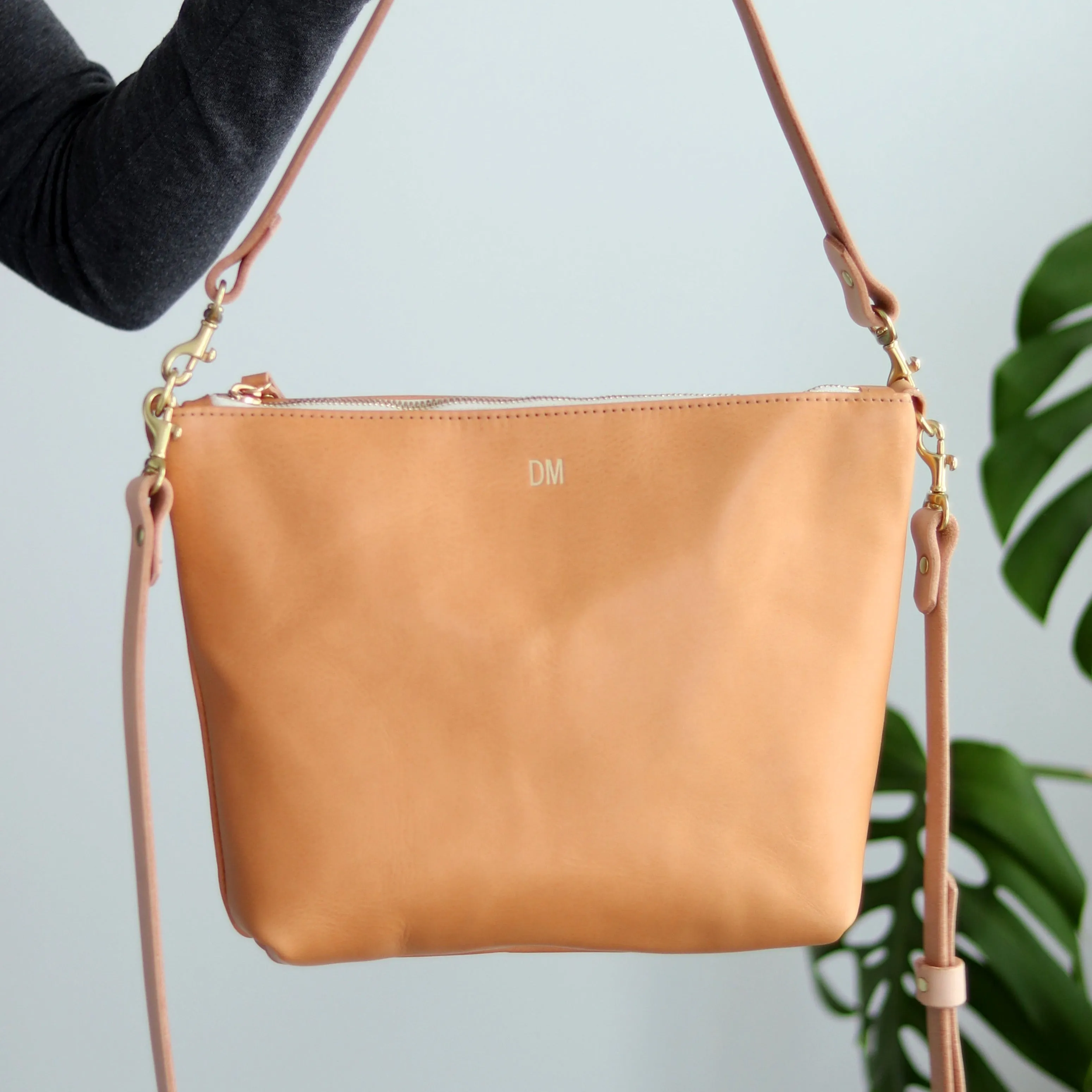 Crossbody Bag with Monogram - Beige Pebble