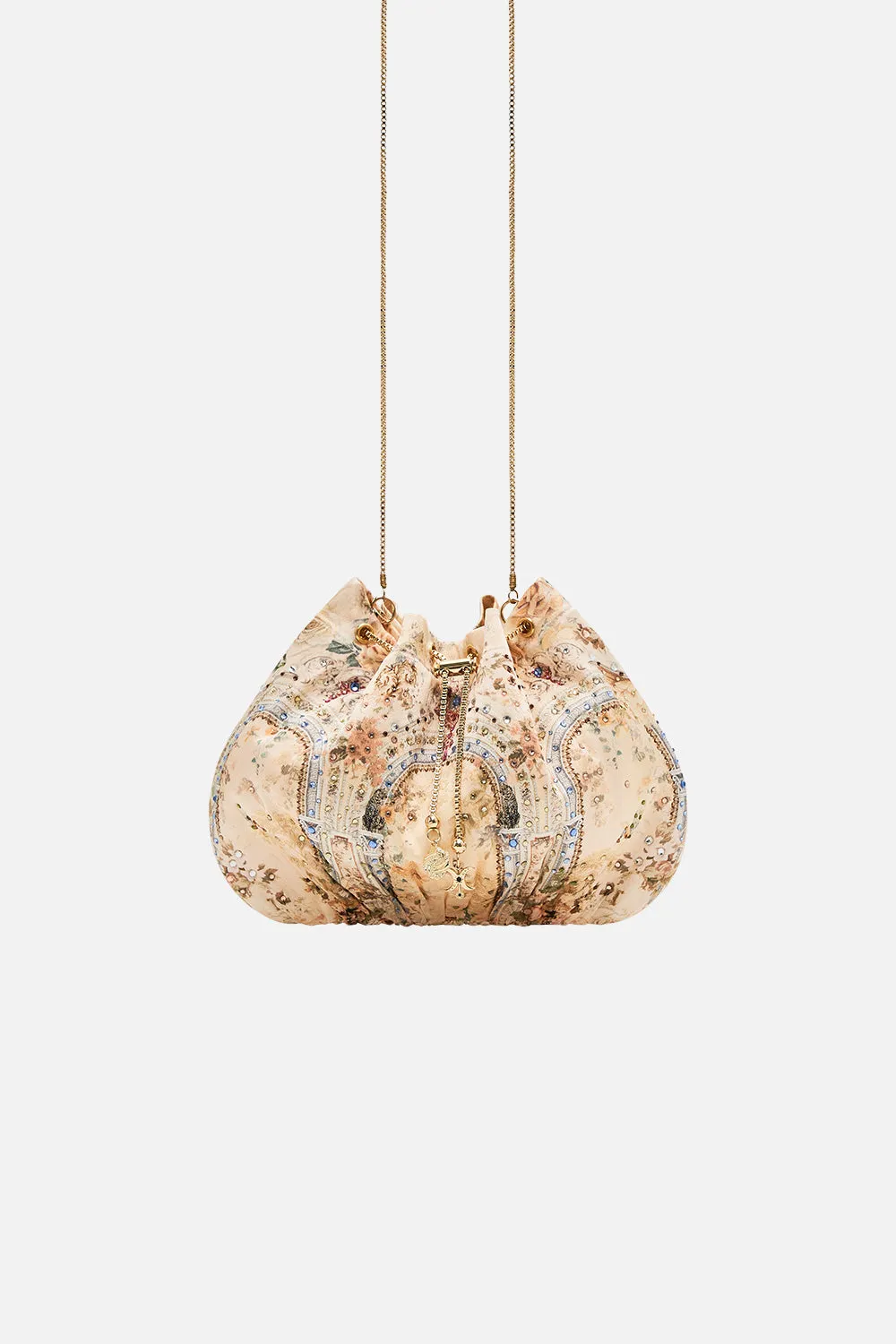 DRAWSTRING POUCH WITH CHAIN STRAP ADORNED IN ANTIQUITY