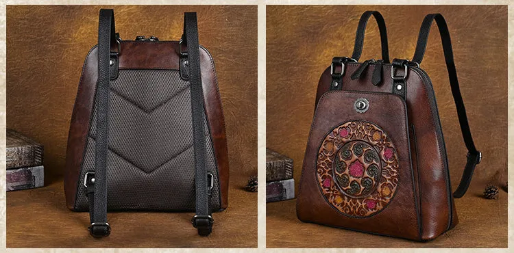 Embossed Pattern Women's Small Leather Backpack Purse Leather Rucksack
