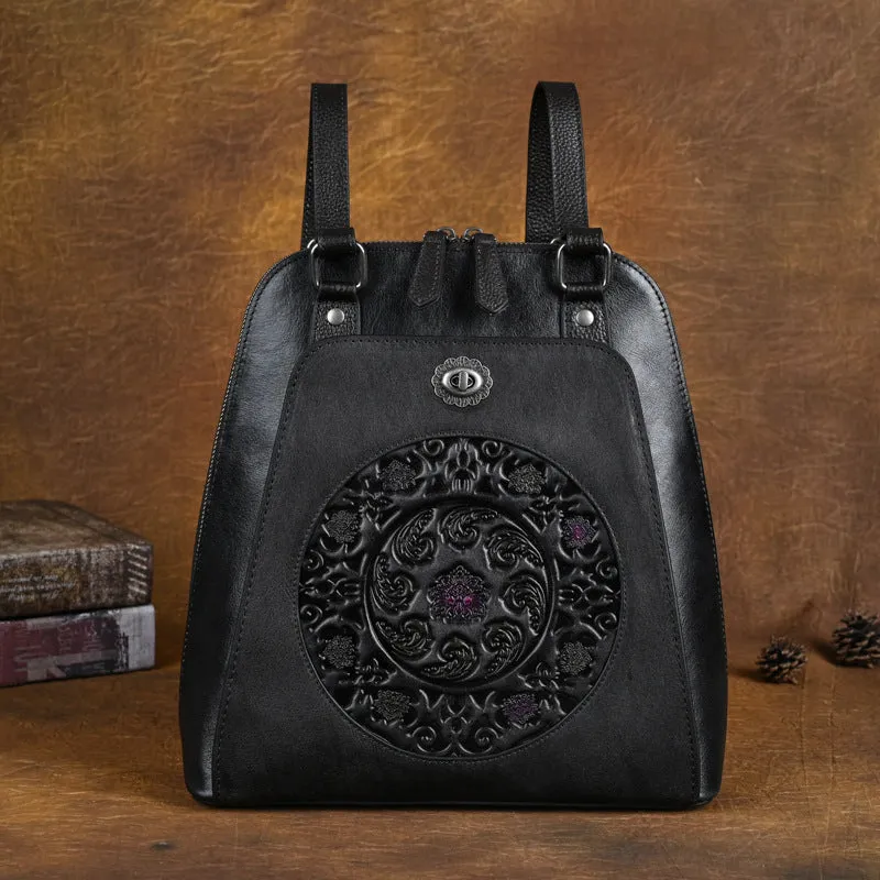 Embossed Pattern Women's Small Leather Backpack Purse Leather Rucksack
