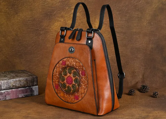 Embossed Pattern Women's Small Leather Backpack Purse Leather Rucksack