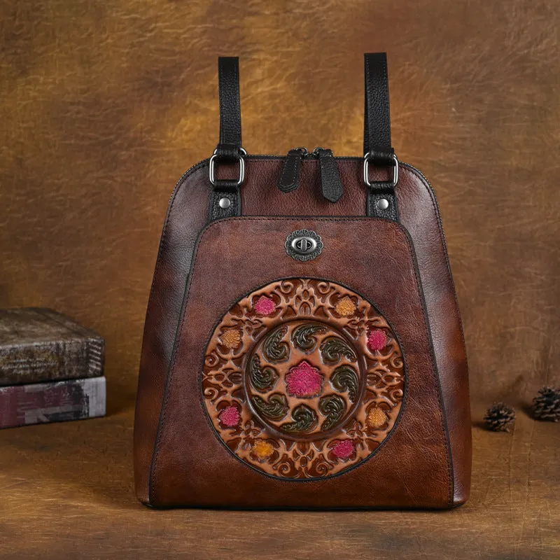 Embossed Pattern Women's Small Leather Backpack Purse Leather Rucksack